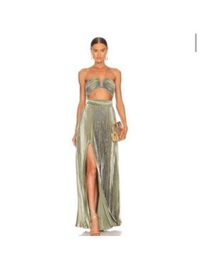 AIIFOS GILDA GOWN - Olive Green Metallic Pleated Maxi Skirt with High Slit